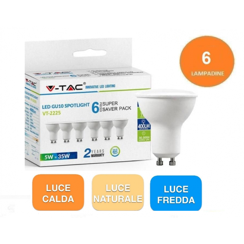 V-TAC Lampadina LED con Attacco GU10, 6,5W (Equivalenti a 60W), 480 Lumen,  Luce Bianca Calda 3000K - Massima Efficienza e Risparmio Energetico :  : Illuminazione